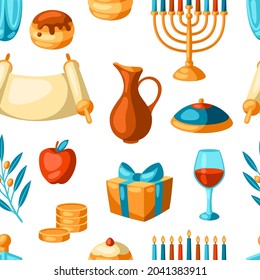 Happy Hanukkah seamless pattern with religious symbols. Background with holiday objects.