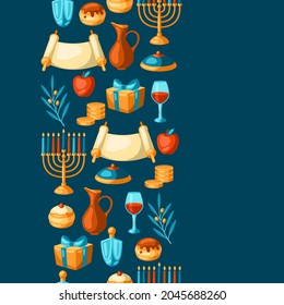 Happy Hanukkah seamless pattern with religious symbols. Background with holiday objects.