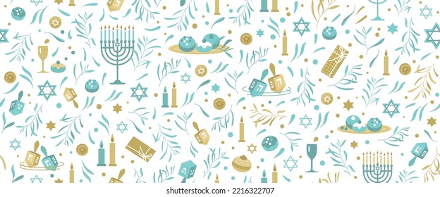 Happy Hanukkah Seamless Pattern with traditional holiday symbols. Jewish holiday Hanukkah vector background 