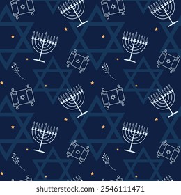 Happy Hanukkah Seamless Pattern with traditional holiday symbols.Hanukkah background with holiday candles and David stars.