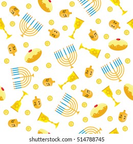 Happy Hanukkah seamless pattern. Vector illustration with menorah, sufganiyot, money and other traditional symbols of Hanukkah. For printing, backdrop and textile.