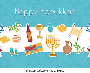 Happy Hanukkah seamless poster. Happy Hanukkah greeting card, flyer, invitation. Hanukkah is a Jewish holiday. Greeting Card with Menorah, Sufganiyot, Dreidel. Vector illustration