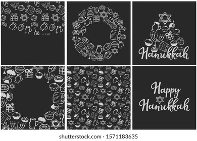 Happy Hanukkah. Set of Chanukah Traditional attributes of the menorah, dreidel, Torah in doodle style. Round frame, seamless pattern, hand lettering. Chalked on a blackboard.