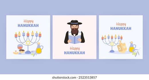 Happy Hanukkah, set of cute illustration postcards. Vector illustration.