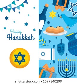 happy hanukkah with set decoration vector illustration design