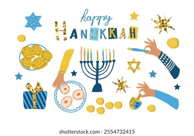 Happy Hanukkah set. Hand-drawn illustration with glitter effect elements and a festive inscription. Traditional Jewish festival of light.