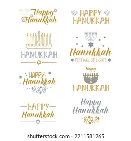 Happy Hanukkah set. Happy Hanukkah. Holidays lettering. Ink illustration.
