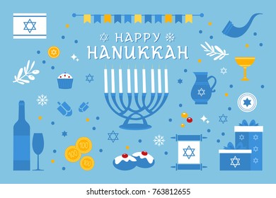 Happy hanukkah set of icons flat style. Hanukkah collection of design elements. Isolated on white background. With menorah, sufganiyot, bunting, dreidel, coins, oil. Vector illustration