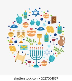 Happy Hanukkah set of icons in a round shape, greeting card. Template for your design. Jewish holidays. Vector illustration