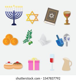 Happy Hanukkah with set of icons ,vector illustration paper art style.