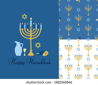 Feliz set de Hanukkah. Una postal y dos patrones sin fisuras. Imagen del vector