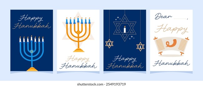 Feliz Hanukkah conjunto de cartazes, cartões, banners, modelos. Ilustrações vetor mínimo elegante com letras, símbolos tradicionais de férias, menorá, estrelas, livro da vida.