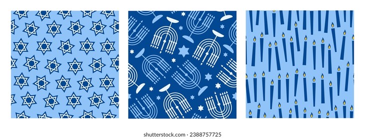 Happy Hanukkah set seamless patterns with creative symbols. Modern festive design for wallpaper, wrapping paper, fabric, banner. Blue colors. Vector illustration