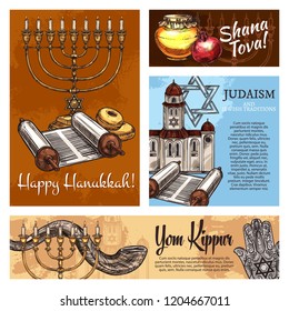 Happy Hanukkah, Shana Tova and Yom Kippur Judaism religious holidays posters. Vector Jewish traditional Rosh Hashanah shofar horn, Hanukkah menorah or Torah scroll and synagogue with Hamsa hand amulet