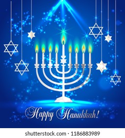 Happy Hanukkah Shining Background with Menorah, David Star and Bokeh Effect. Vector illustration on blue.