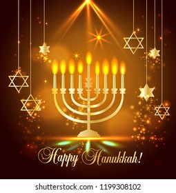 Happy Hanukkah Shining Background with Menorah, David Star and Bokeh Effect. illustration on blue.