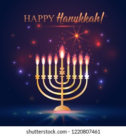 Happy Hanukkah Shining Background with Menorah, David Star and Bokeh Effect. illustration on dark.