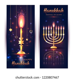 Happy Hanukkah Shining Background with Menorah, David Stars and Bokeh Effect. Set of banners on dark.