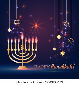 Happy Hanukkah Shining Background with Menorah, David Star and Bokeh Effect. illustration on dark.