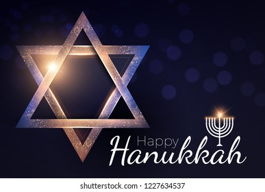 Happy Hanukkah Shining Background with Menorah, David Star and Bokeh Effect. Vector illustration