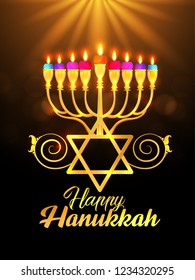 Happy Hanukkah Shining Background with Menorah, 