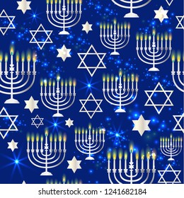 Happy Hanukkah Shining Background with Menorah, David Star and Bokeh Effect. Seamless pattern.