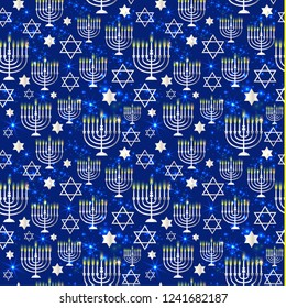 Happy Hanukkah Shining Background with Menorah, David Star and Bokeh Effect. Seamless pattern.