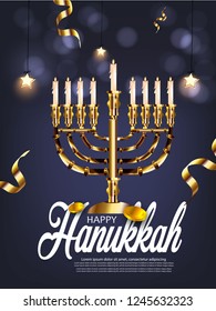 Happy Hanukkah  Shining Background with Menorah, David Star and Bokeh Effect.The eight-day Jewish celebration 