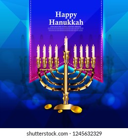 Happy Hanukkah  Shining Background with Menorah, David Star and Bokeh Effect.The eight-day Jewish celebration 