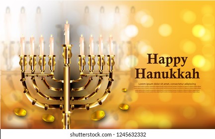 Happy Hanukkah  Shining Background with Menorah, David Star and Bokeh Effect.The eight-day Jewish celebration 