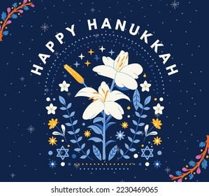 Happy Hanukkah Shining Background with Menorah, David Star, and Bokeh Effect. Navy Floral Happy Hanukkah.