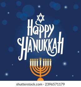 Happy Hanukkah Shining Background with Menorah, David Star and Bokeh Effect. Vector illustration
