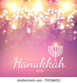 Happy Hanukkah Shining Background with Menorah, David Star and Bokeh Effect. Vector illustration