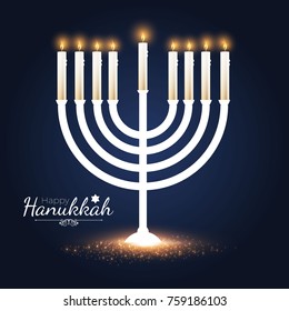 Happy Hanukkah Shining Background with Menorah, David Star and Bokeh Effect. Vector illustration