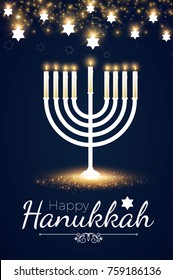 Happy Hanukkah Shining Background with Menorah, David Star and Bokeh Effect. Vector illustration