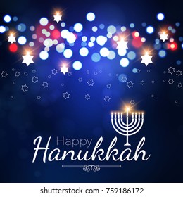 Happy Hanukkah Shining Background with Menorah, David Star and Bokeh Effect. Vector illustration