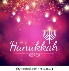 Happy Hanukkah Shining Background with Menorah, David Star and Bokeh Effect. Vector illustration