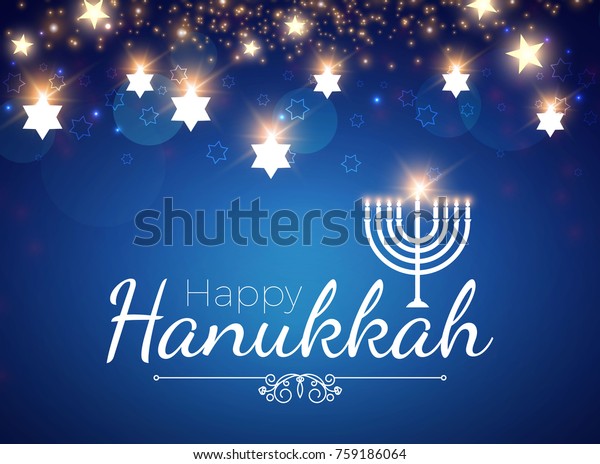 Happy Hanukkah Shining\
Background with Menorah, David Star and Bokeh Effect. Vector\
illustration
