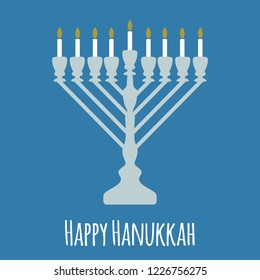 Happy Hanukkah with silver menorah and white candles on light blue background.