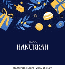 Happy Hanukkah Social Media Post Template. Traditional jewish holiday greeting card design with place for text. Flat vector illustration.