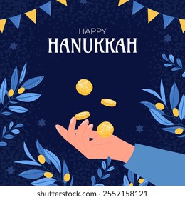 Happy Hanukkah Social Media Post Template. Traditional jewish holiday greeting card design with hand and coins. Flat vector illustration.