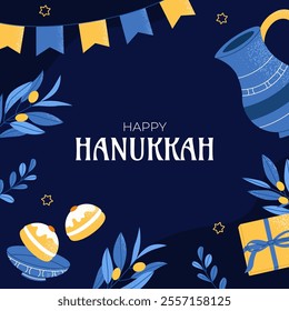 Happy Hanukkah Social Media Post Template. Traditional jewish holiday greeting card design with hanukkah congratulation. Flat vector illustration.