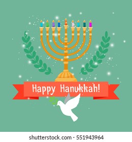 Happy hanukkah square card with menorah candles and bird. Vector illustration