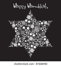 Happy Hanukkah Star of David with star made up of menorahs, dreidels and stars