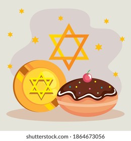 Happy hanukkah sufganiot gelt and star design, holiday celebration judaism religion festival traditional and culture theme Vector illustration