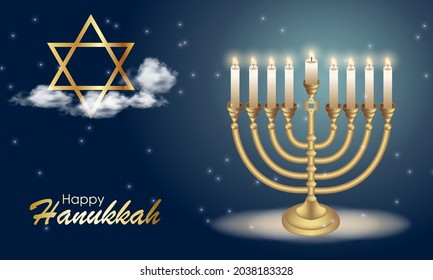 Happy Hanukkah with symbols and golden style on colored background for Hanukkah day and Jewish holiday Hanukkah. Chanukah candlestick and star of David.