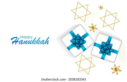 Happy Hanukkah with symbols and golden style on colored background for Hanukkah day and Jewish holiday Hanukkah. Chanukah candlestick and star of David.