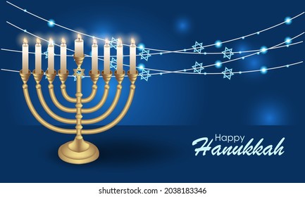 Happy Hanukkah with symbols and golden style on colored background for Hanukkah day and Jewish holiday Hanukkah. Chanukah candlestick and star of David.