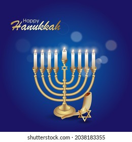 Happy Hanukkah with symbols and golden style on colored background for Hanukkah day and Jewish holiday Hanukkah. Chanukah candlestick and star of David.