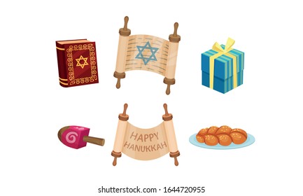 Feliz conjunto de vectores de símbolos Hanukkah. Atributos de celebración tradicionales judíos